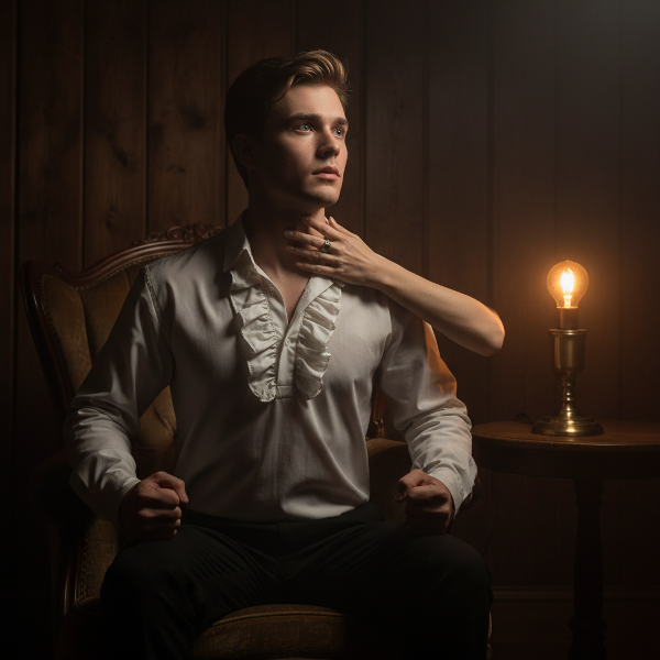 Млад мъж изпитващ вцепеняващо напрежение при нежна интимност, илюстриращо конфликта между желание за близост и подсъзнателен страх от загуба на контрол.