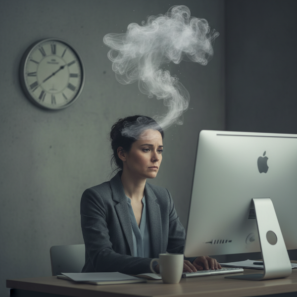 Жена мениджър в офис, изпитваща умствена мъгла и изтощение, докато се опитва да се концентрира на работата си.