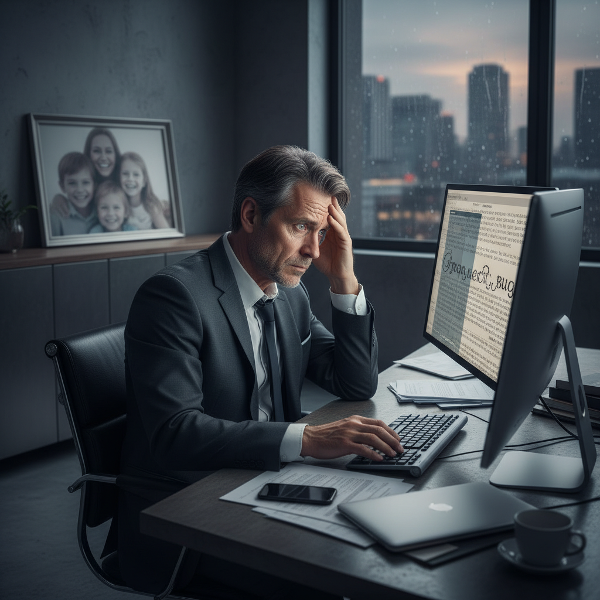 Иван, 56-годишен мъж, изглежда претоварен и раздразнител в офис среда, символизирайки натрупания стрес и изблиците на гняв, описани в историята му.