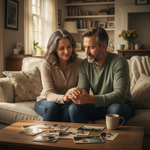 Двойка в средна възраст, търсеща близост и връзка в ежедневната си рутина, символ на грижата за дългогодишна любов.