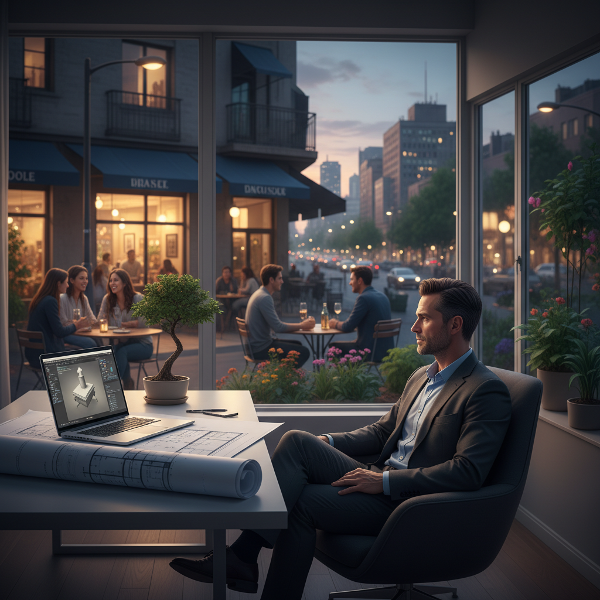 Мъж архитект на средна възраст в модерен, но празен апартамент в залез, наблюдаващ социалния живот навън, което илюстрира чувство на самота и желание за по-дълбоки връзки.