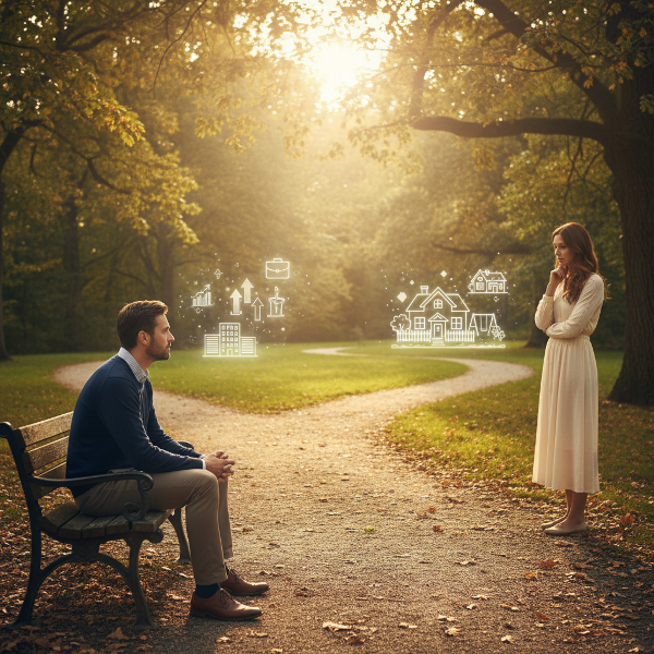 Мъж седи на пейка, замислен пред разклонение на пътека, което символизира конфликта между лични цели и споделено бъдеще с партньорката.