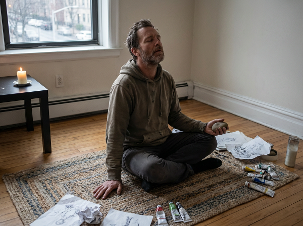 Мъж в офис и дома си, използващ техники за справяне със стрес и самота.