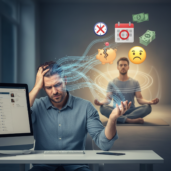 Илюстрация на мъж в IT сферата, изпитващ психосоматични симптоми като главоболие и болки в стомаха, докато прозрачни линии свързват физическия дискомфорт с източници на стрес. На заден план се вижда неговият спокоен образ, практикуващ техники за релаксация.