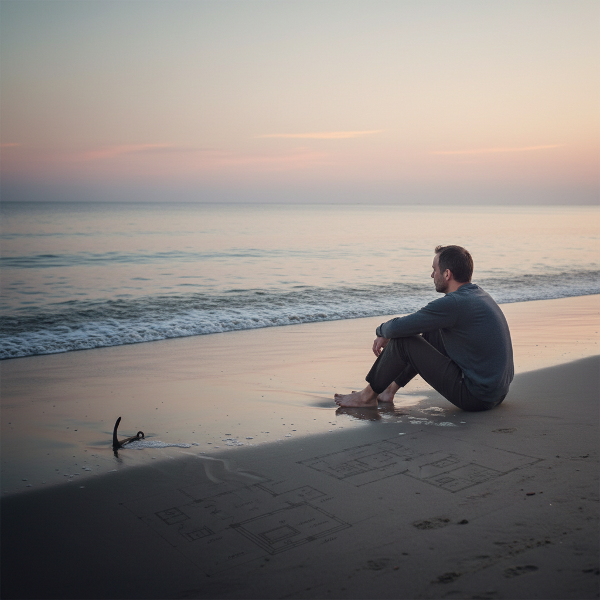 Мъж на плаж в здрач, гледащ в безкрайно море, с усещане за празнота и търсене на якор в живота.