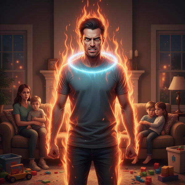 Изображение на мъж, борещ се с гняв в домашна обстановка, докато близките му са объркани. Символи на емоционална буря и начало на самоконтрол.