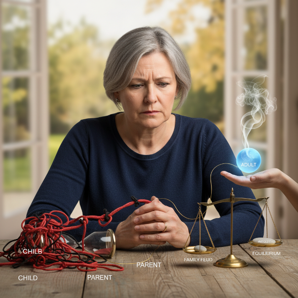 Жена в напреднала възраст размишлява над натрупания стрес и семейни конфликти, докато се опитва да намери баланс и спокойствие.