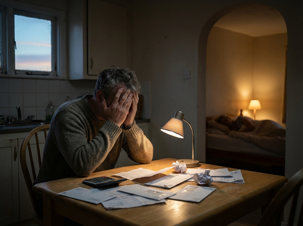 Мъж на средна възраст, претоварен от стрес и безсъние, седи сам нощем сред сметки, докато в съседната стая светлина намеква за болест на близък.