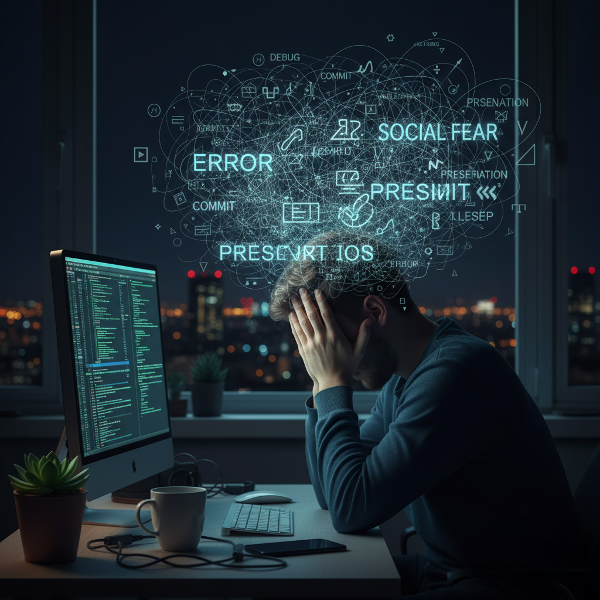 Млад програмист, изтощен от стрес и безсъние, се бори с мисли за работа и социална несигурност в нощта, с белег на надежда.