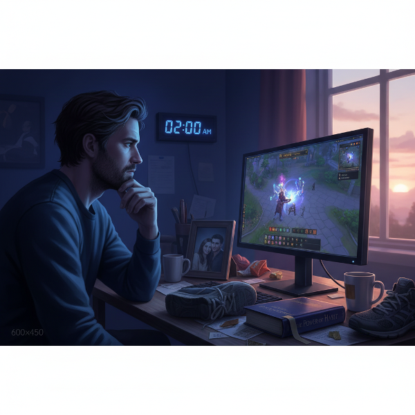 Мъж в нощна стая, осветен от екран, с обърната снимка и неползвани обувки за бягане, докато през прозореца се вижда разсъмване.