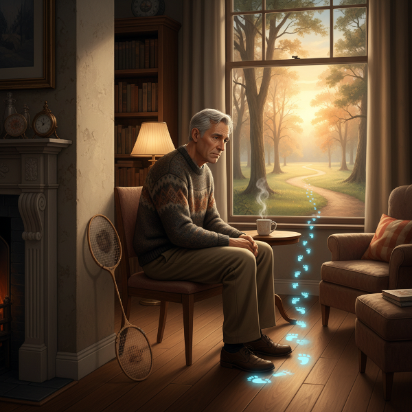 Мъж на средна възраст гледа замислено през прозореца, докато лек пръчка за бадминтон стои до него. Светлината отвън предлага надежда, а следи от стъпки водят към възможност за малки промени.