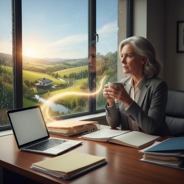 Жена на 60 години размишлява пред прозореца в офиса, докато вижда път към нови възможности, символизиращ преодоляване на професионален застой.