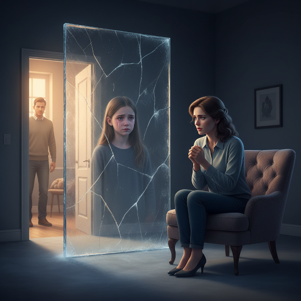 Жена, разделена от леден бариер от желана близост, докато нейният отражение и търпелив партньор изчакват.