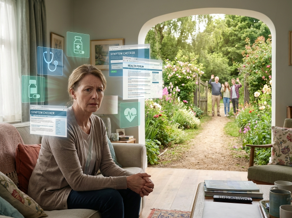 Жена, обзета от здравословна тревожност, заобиколена от медицински символи, докато нейното семейство стои настрани. Път води към спокойна градина.