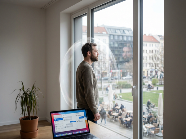 Мъж в просторен, но празен апартамент, обграден от прозрачен балон, наблюдаващ отдалечен социален живот, докато се чувства изолиран.