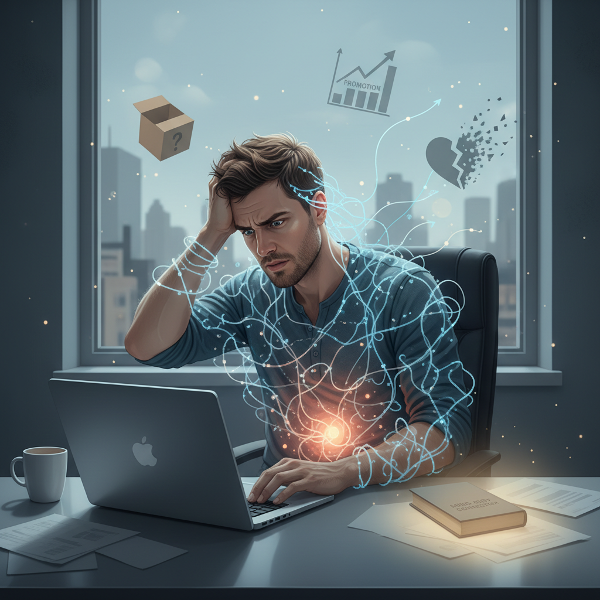 Програмист обхванат от мрежа от стрес, свързващ главата и стомаха, заобиколен от символи на големи жизнени промени.
