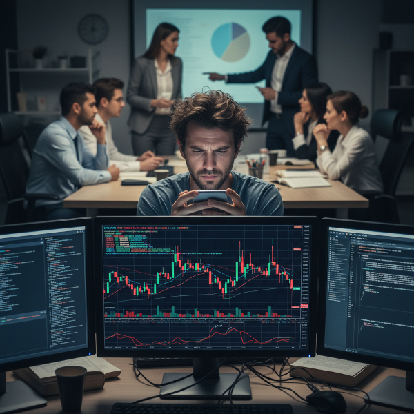 Илюстрация на програмист, обсебен от проверка на криптовалутни графики по време на работа, което води до загуба на фокус и напрежение.