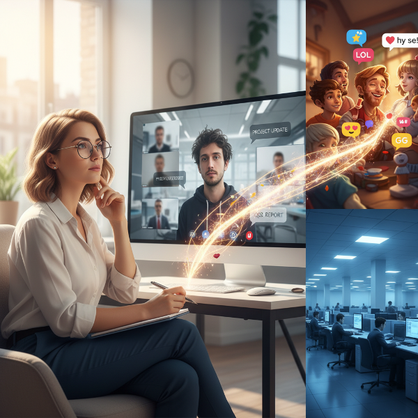 Психоложка консултира клиент, чувстващ се невидим в хибридна работна среда, контрастирана с топлината на онлайн игри и студенината на офиса.