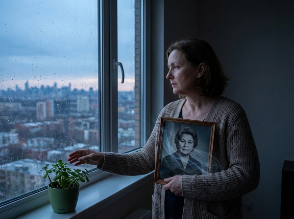 Жена в празен апартамент държи снимка на майка си, с тежест в гърдите, изобразена като заплетени емоционални нишки, докато прозорецът показва далечен град и на перваза расте малко растение на надеждата.