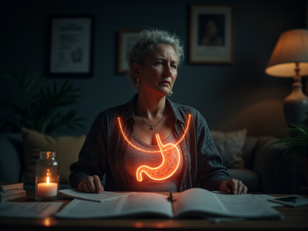 Жена в напрежение от недиагностицирани болки и емоционален стрес, заобиколена от символи на тревоги.