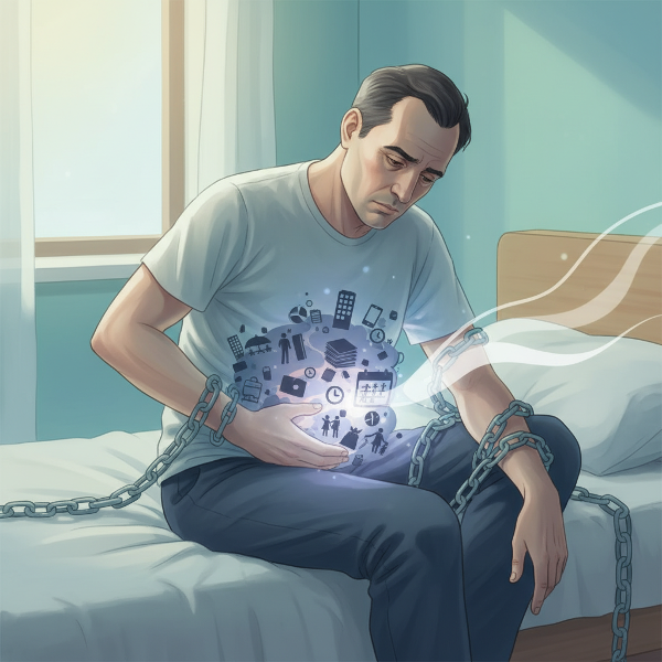 Символично изображение на психосоматични симптоми при мъж на 50 години: тежест в стомаха и умора, породени от стрес.