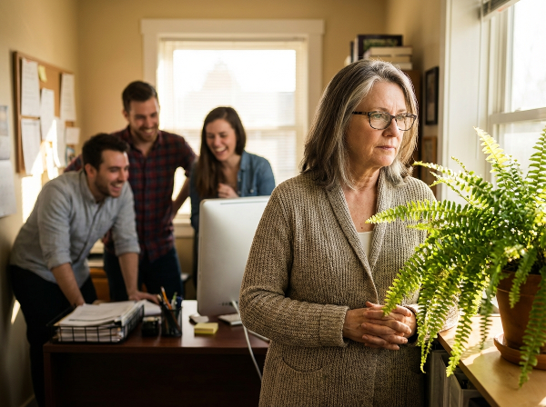 Жена в офис обстановка, която размишлява, докато колегите ѝ са заети на заден план. Сцената предава търсене на увереност и признание.