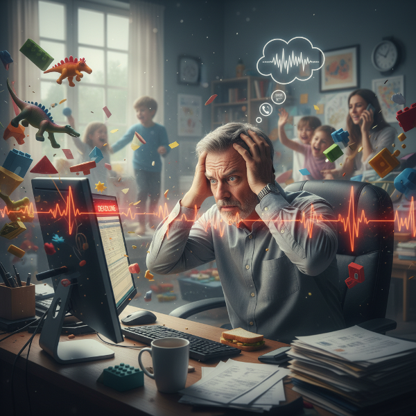Мъж в домашния си офис, обхванат от стрес, докато шум от семейството в съседната стая нарушава концентрацията му, илюстрирайки конфликта между работата и дома.
