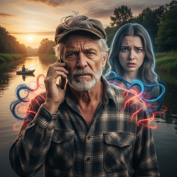 Илюстрация на Иван, който изпитва болка в гърба по време на разговор по телефона, докато мисълта му за дъщеря му и спокойният рибарски кът се визуализират около него.