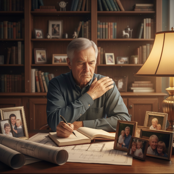 Пенсиониран мъж размишлява в домашния си кабинет, докато леко дърпа рамото, илюстрирайки връзката между физическо напрежение и вътрешни мисли за минало и смисъл.