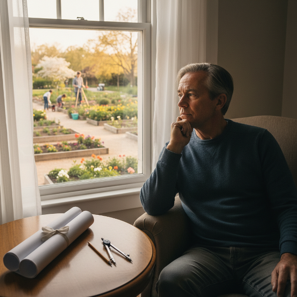 Мъж в преход от активна работа към пенсия, търсещ нов смисъл и място в живота.