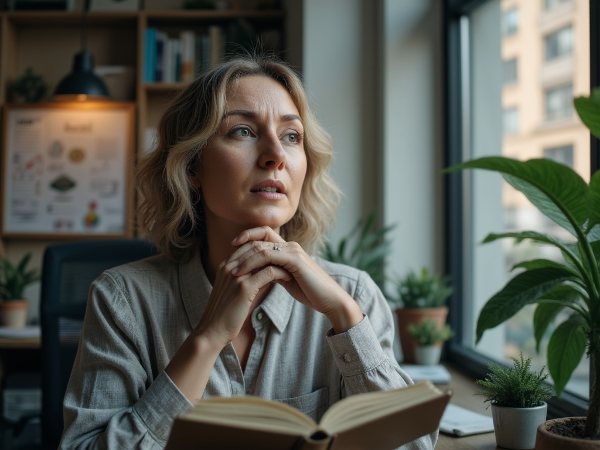 Жена на средна възраст в момент на саморефлексия, търсеща баланс между професионален хаос и вътрешен мир.