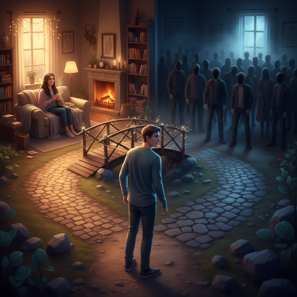 Млад мъж на кръстопът между уютна близост и плашеща социална ситуация, символизиращ вътрешния конфликт между желание за връзка и социална тревожност.