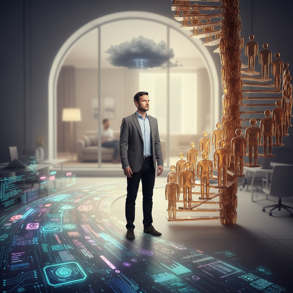 Символично изображение на мъж на кръстопът между техническата си зона на комфорт и новата ръководна позиция, изобразена като стълба от хора, с визуализирано вътрешно напрежение и застрашени лични взаимоотношения.