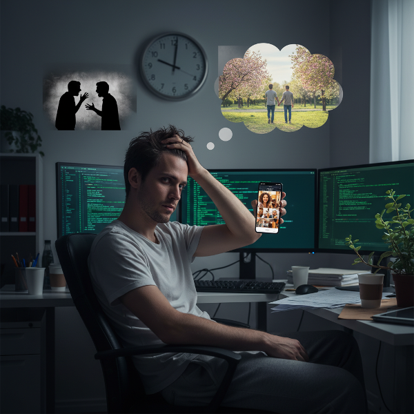 Млад мъж, изтощен от работа пред компютър, гледа с мъка социални мрежи, докато мисли за караници и за възстановяване на връзката си.