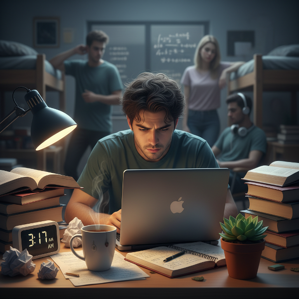 Млад студент, изтощен от учебен стрес и конфликти в общежитието, търси баланс и спокойствие сред хаоса.
