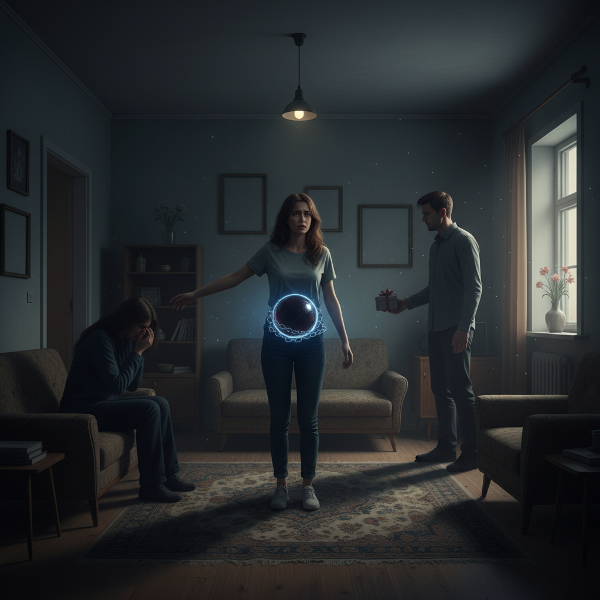 Млада жена, чувстваща се в капан в напрегната домашна среда, разделена между двамата си родители, които се карат.