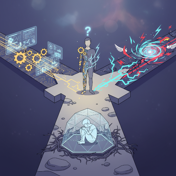 Изобразява човек на кръстопът с три пътя, символизиращи аналитичен, импулсивен и отдръпнат адаптационен стил.