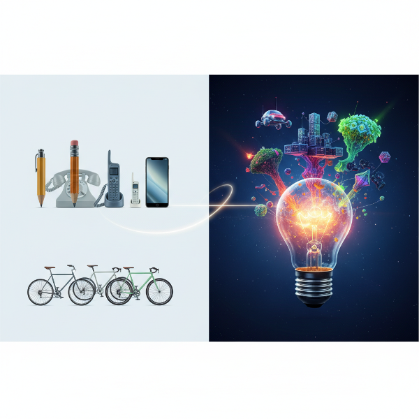 Изображение, илюстриращо двата типа креативност: адаптивна (усъвършенстване) и иновативна (радикално ново).