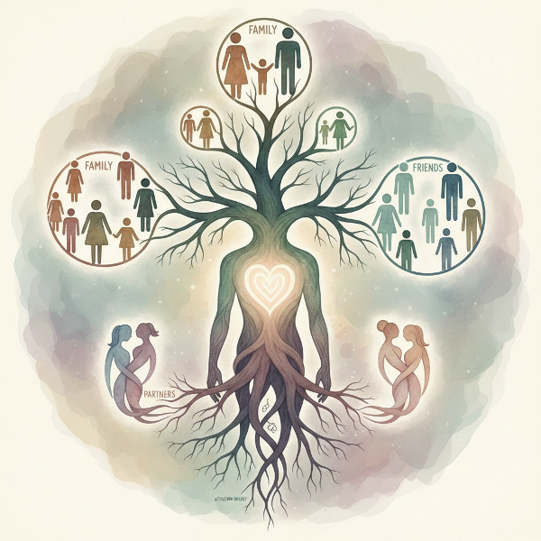 Изображение на сърце с корени, които се разклоняват към различни хора, символизиращо връзката между ранни преживявания и сегашни взаимоотношения.