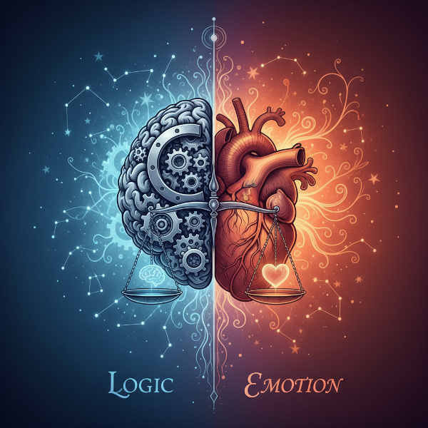 Символично изображение на човешки силует, разделен на две. Едната страна е мозък с мрежи и зъбни колела, другата е сърце с топла светлина, свързани от везна.