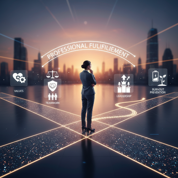 Изображение на човек, който обмисля професионален път, заобиколен от символи за ценности, екипна работа и баланс.