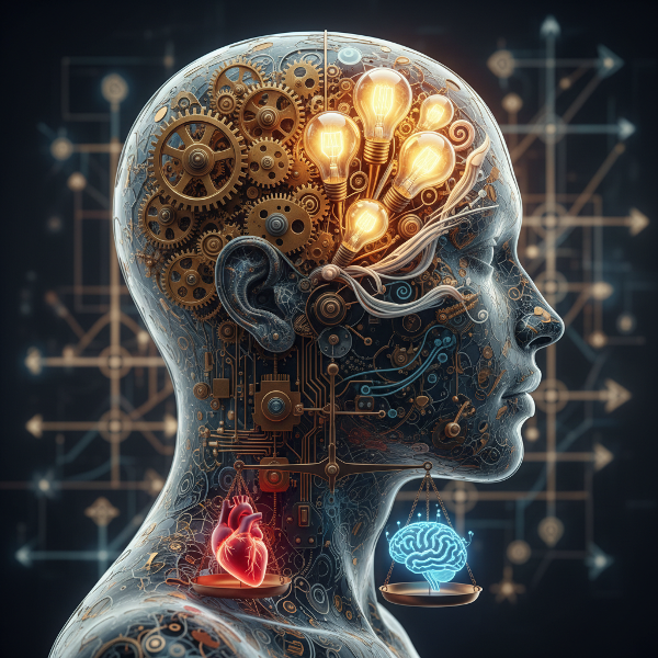 Изображение на човешка глава с механизми и идеи вътре, символизиращи различни мисловни стилове. Везна балансира сърце и мозък, а на заден фон се виждат пътища на решенията.