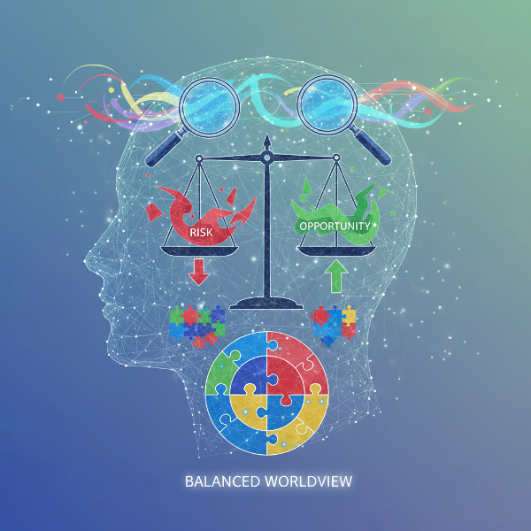 Абстрактна илюстрация на човешки ум, представен като филтрираща система с лупи, везни и пъзел, символизираща когнитивните процеси.