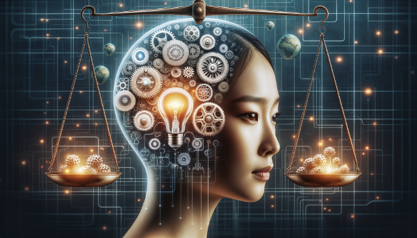 Символично изображение на човешки ум с механизми за различни типове мислене и везна за баланс.
