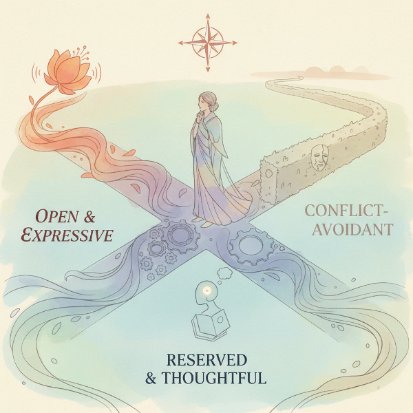 Илюстрация на човек на кръстопът с три пътя, символизиращи различни комуникационни стилове в отношенията.