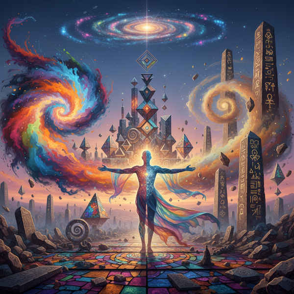 Изображение на сюрреалистичен пейзаж, където три различни източника на творческа енергия се сливат в централна човешка фигура.