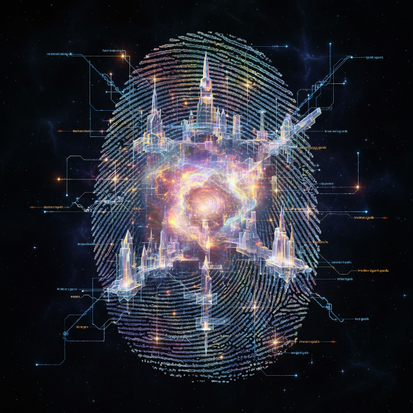 Изображение на човешки ум, стилизиран като отпечатък от пръст, от който излизат вълни от хаотични идеи, структурирани мисловни системи и искри от интуитивни прозрения.