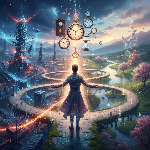 Човек на кръстопът с множество пътища, символизиращ ежедневни непредвидени ситуации и избор на реакция.