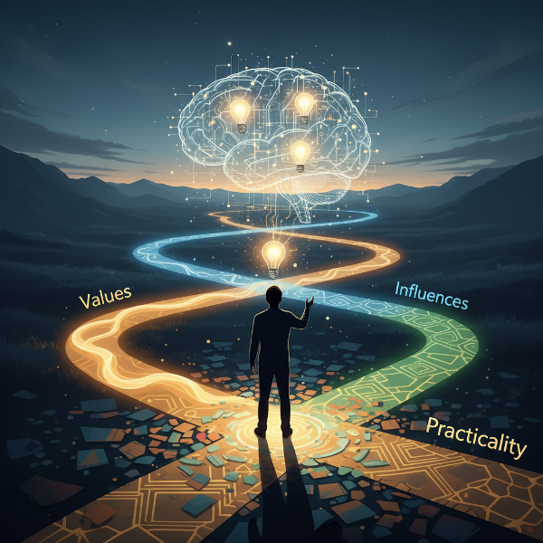 Абстрактна визуализация на човек на кръстопът, с пътища, символизиращи различни фактори за вземане на решения, и мрежа от връзки в ума.