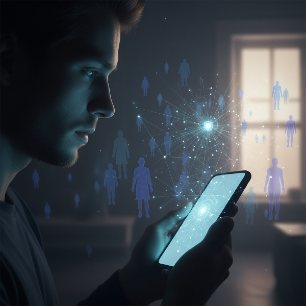 Човек, разделен от светлината на дигитално устройство, с призрачни фигури на връзки на заден план.